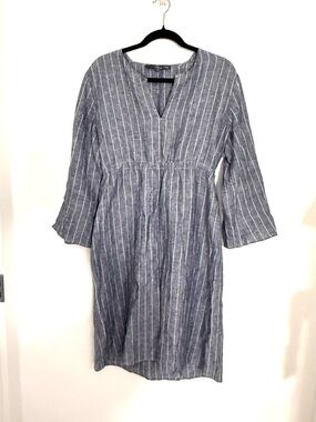 Claridge + King Striped Blue White Midi Linen Dress V-Neck Cottagecore Medium